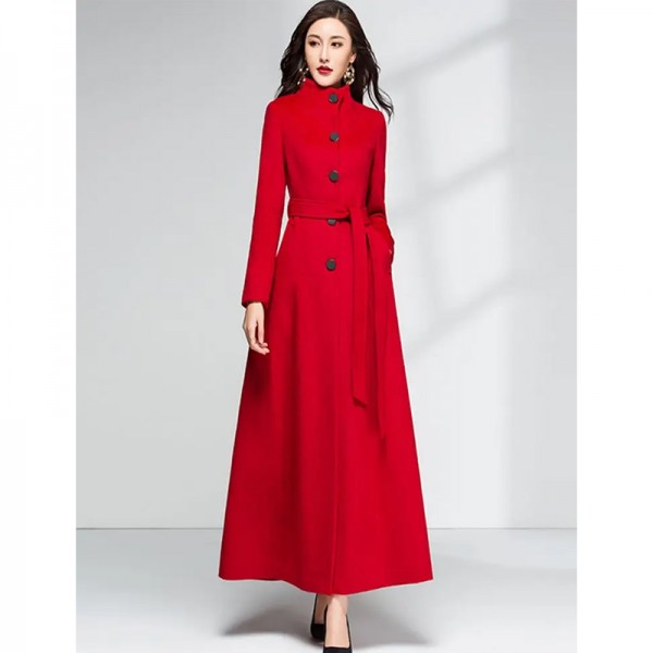 New Women Overlength Woolen Coat Autumn Winter Fashion Stand Collar Thicken Warm Lacing Wool Blends Overcoat Slim Long Outerwear