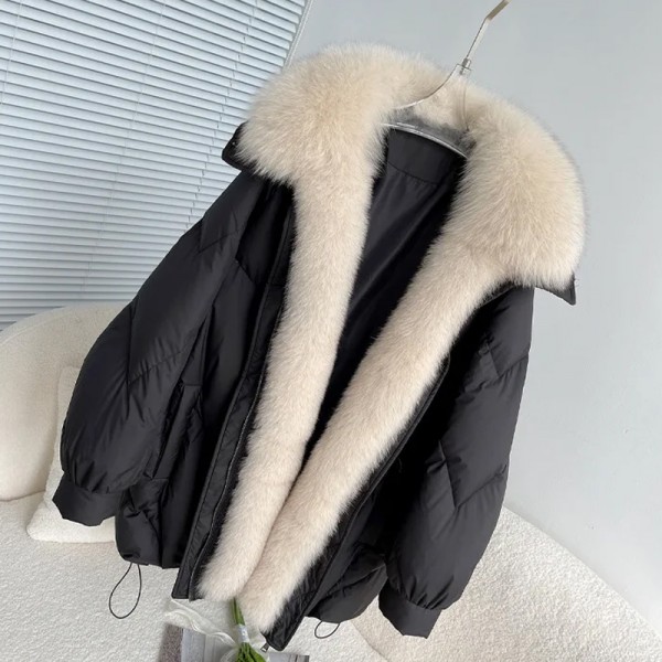 Winter Large Fox Fur Collar Coat Women Loose Overs...